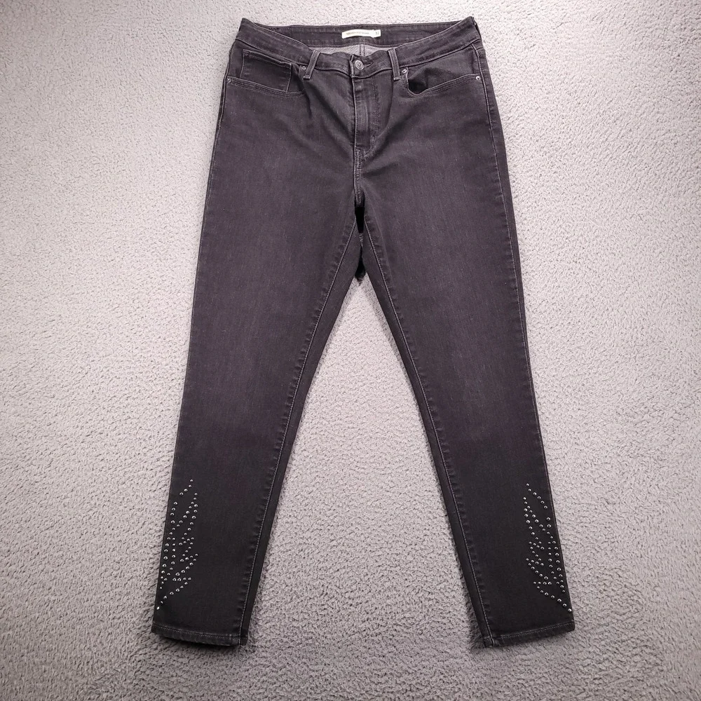 LEVIS‎ 721 Jeans Size 32 High Rise Skinny Faded Black Denim Studded Flames